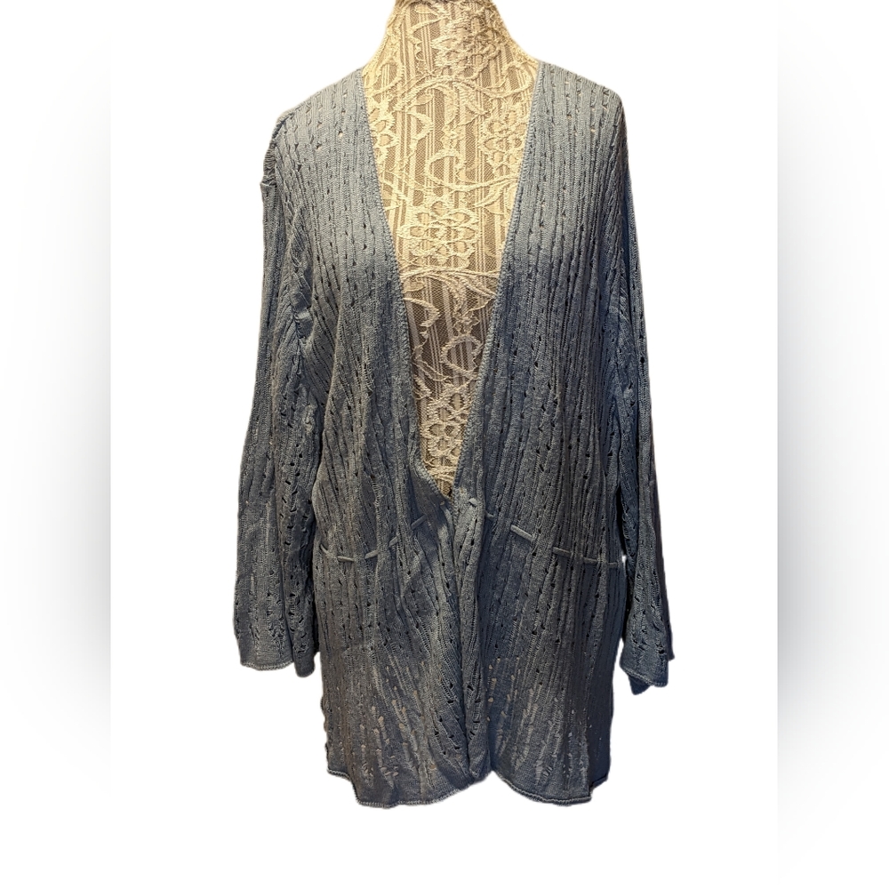 Lane Bryant Blue Gray Sweater Sz 22/24 Open Weave Long Boho With Tie Front